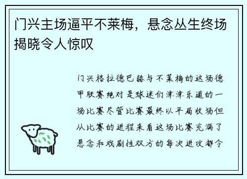门兴主场逼平不莱梅，悬念丛生终场揭晓令人惊叹