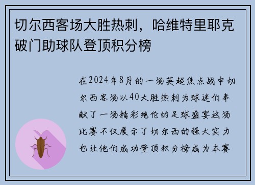 切尔西客场大胜热刺，哈维特里耶克破门助球队登顶积分榜